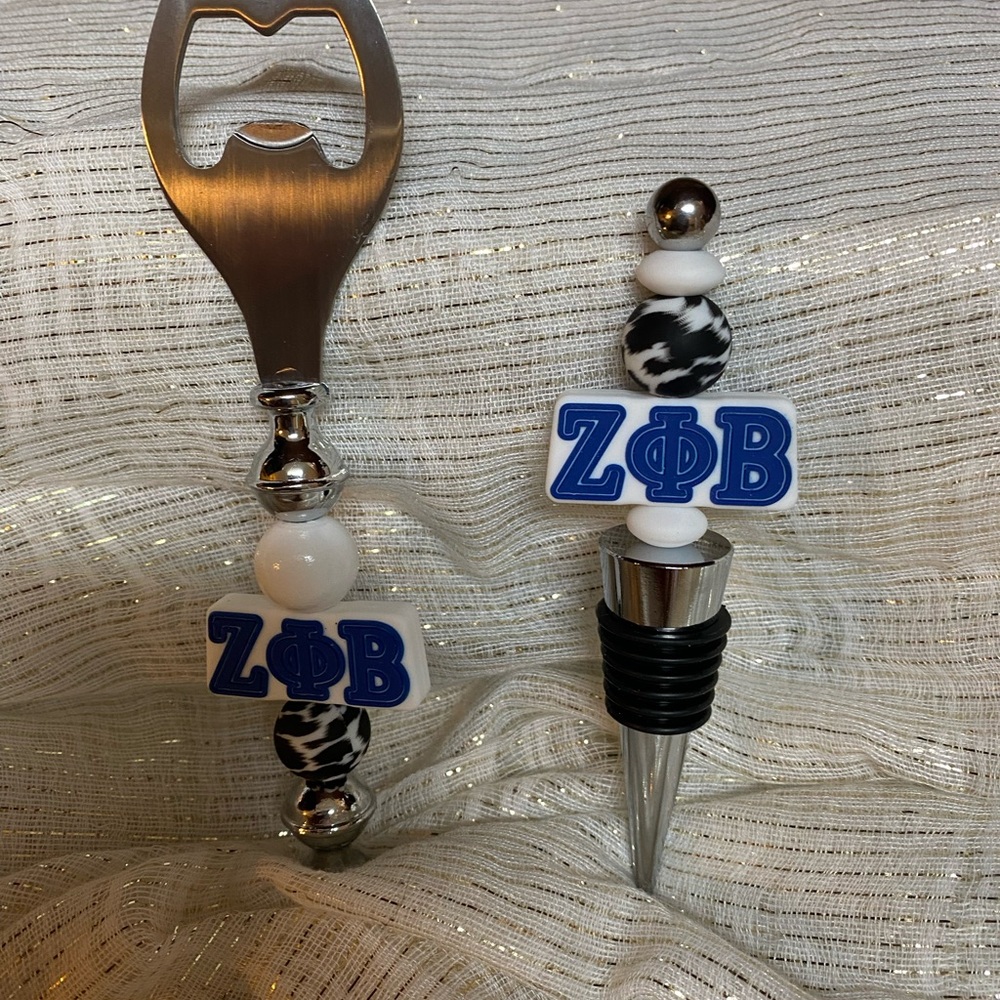 Blue and White Bottle Opener and Stopper Set